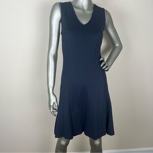Theory S V-Neck Sleeveless Knit Fit & Flare Pleated Navy Stretch Dress Office